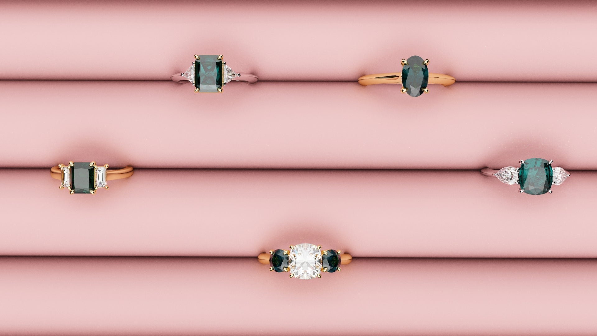 a collection of teal sapphire engagement rings