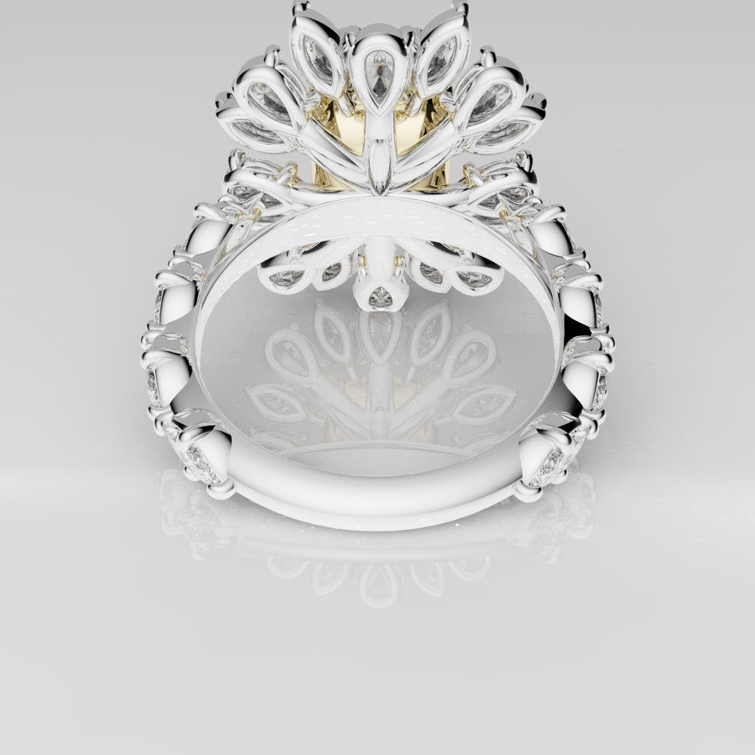 fancy yellow radiant cut diamond ring with white pear and marquise diamond halo — luxury colour diamond design by Hyde Park Design.