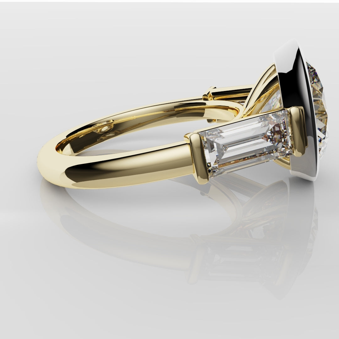 Round and Baguette Diamond Trilogy Rubover Set Engagement Ring