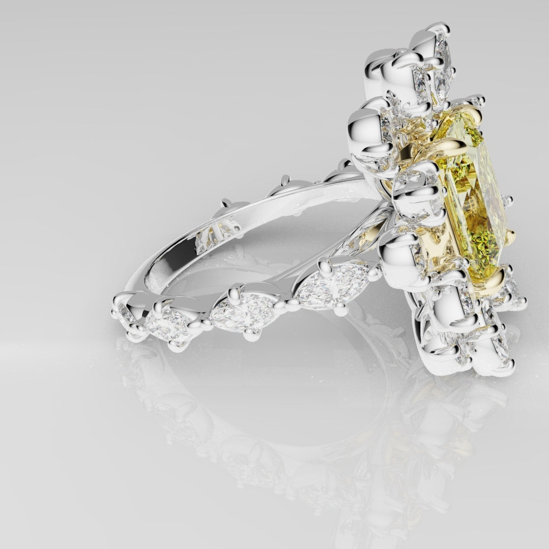 2ct Radiant Cut Fancy Yellow Ring with Pear and Marquise Diamond Cluster