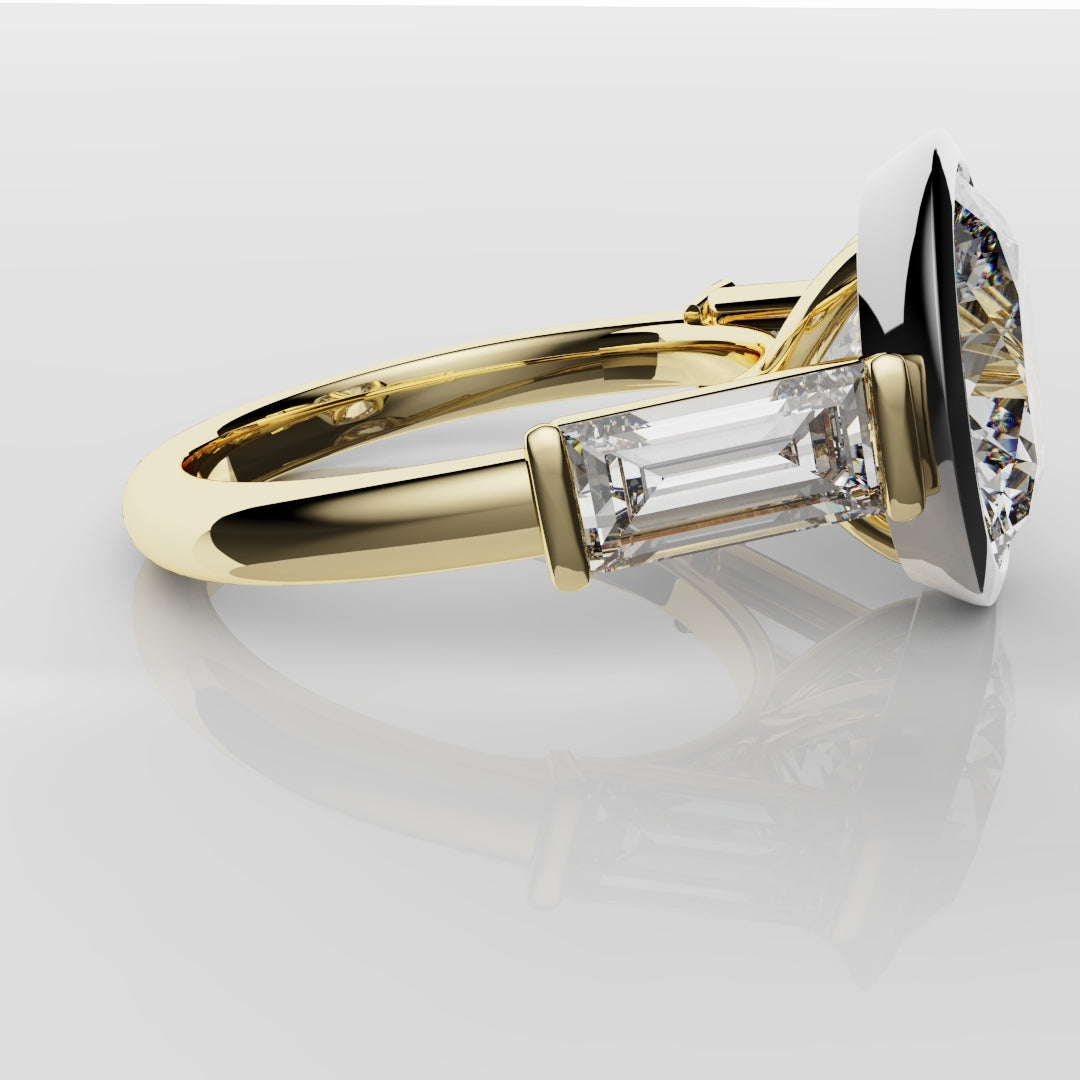 Round and Baguette Diamond Trilogy Rubover Set Engagement Ring
