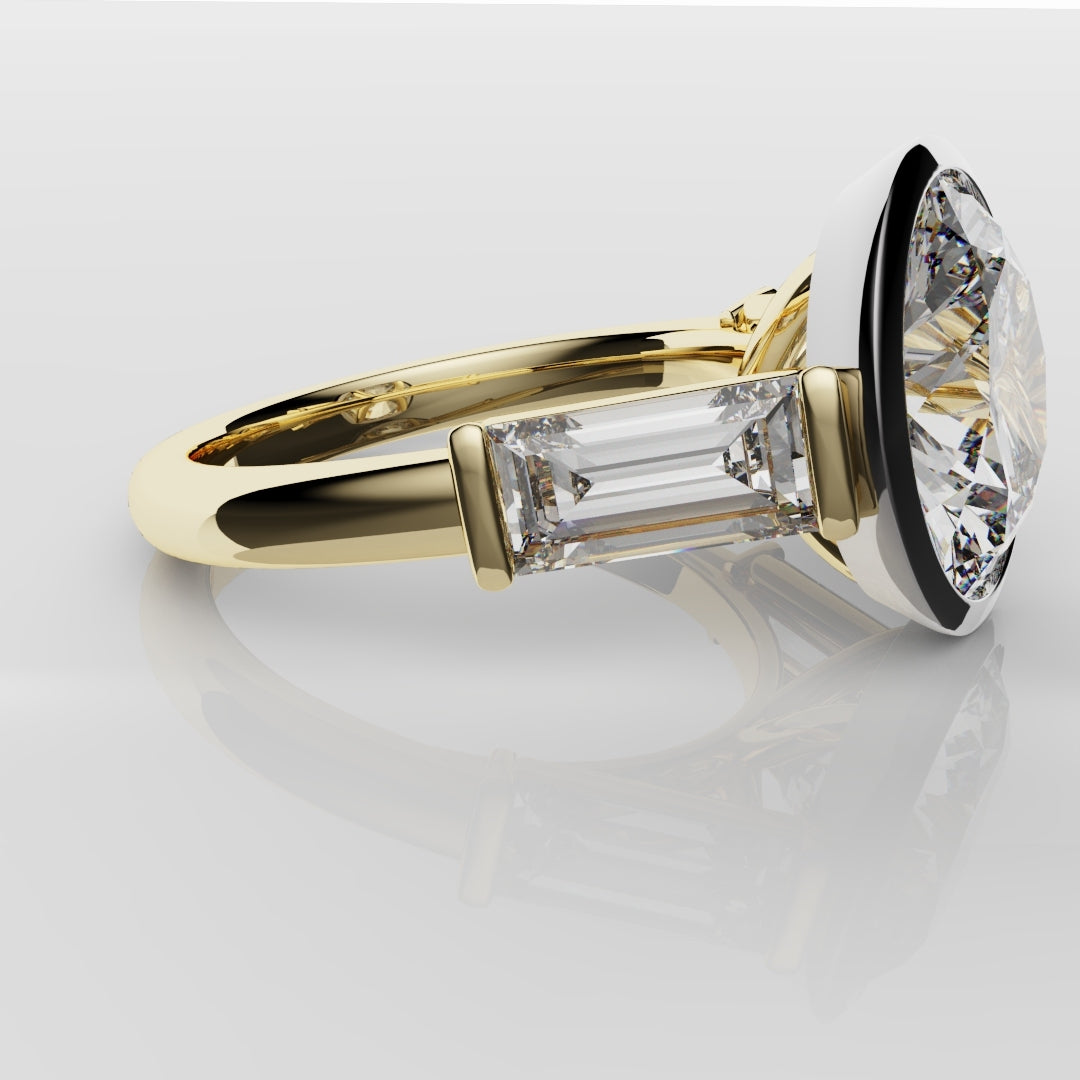 Round and Baguette Diamond Trilogy Rubover Set Engagement Ring