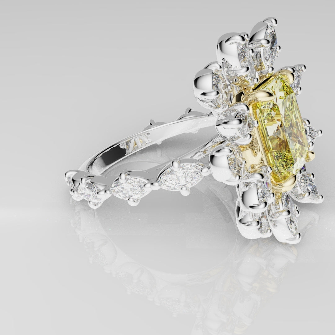 2ct Radiant Cut Fancy Yellow Ring with Pear and Marquise Diamond Cluster