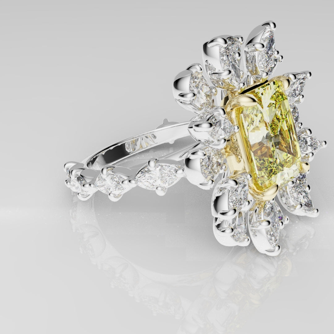 2ct Radiant Cut Fancy Yellow Ring with Pear and Marquise Diamond Cluster