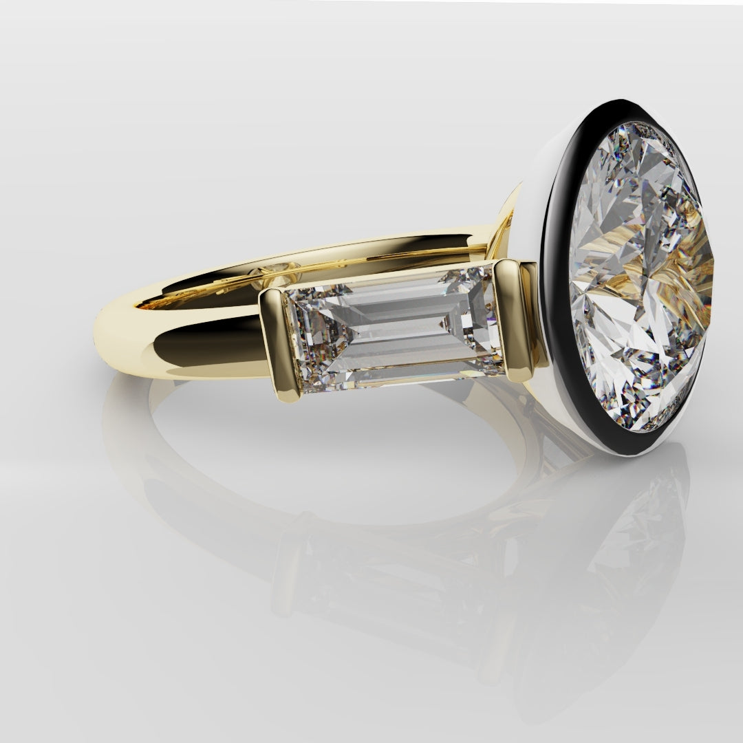 Round and Baguette Diamond Trilogy Rubover Set Engagement Ring