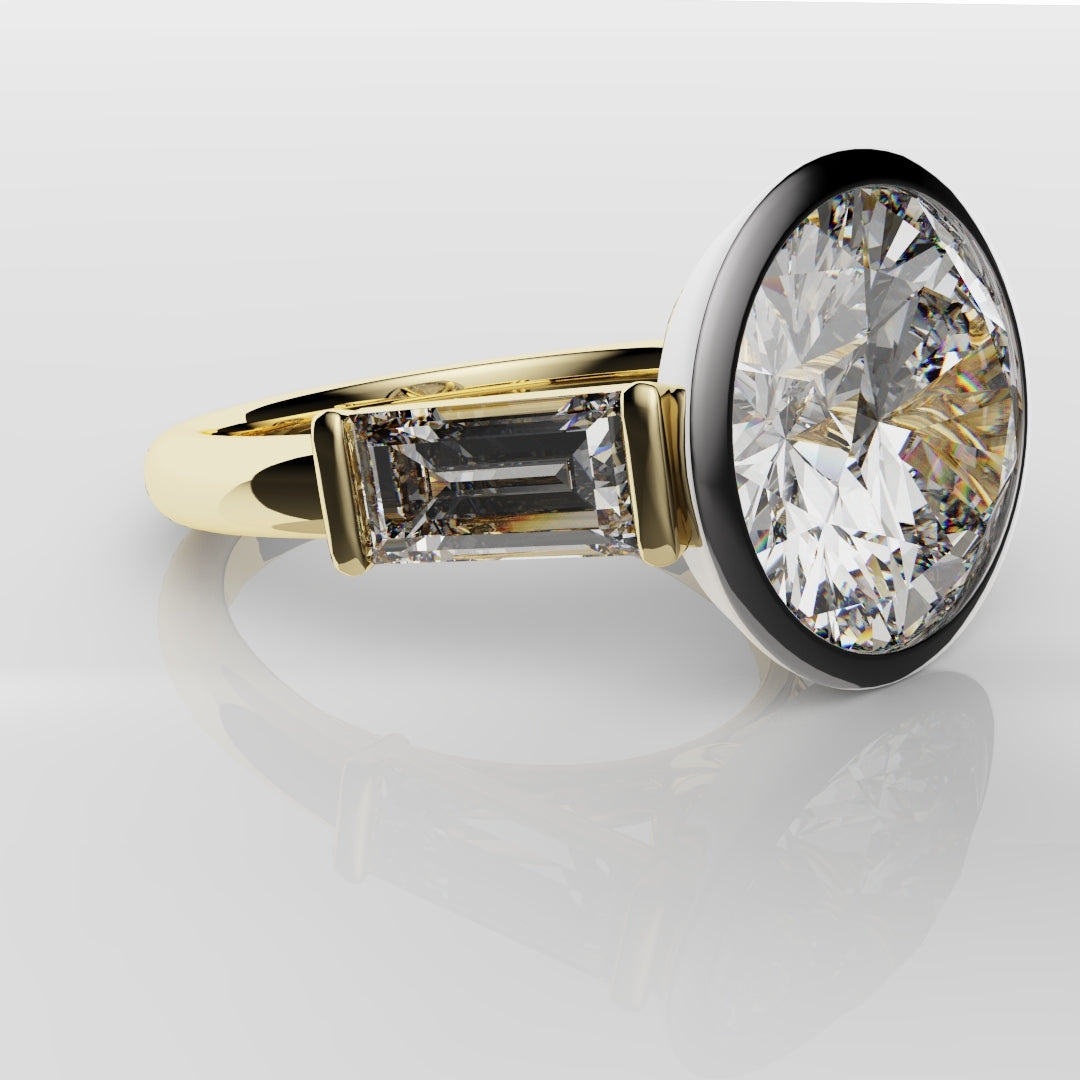 Round and Baguette Diamond Trilogy Rubover Set Engagement Ring