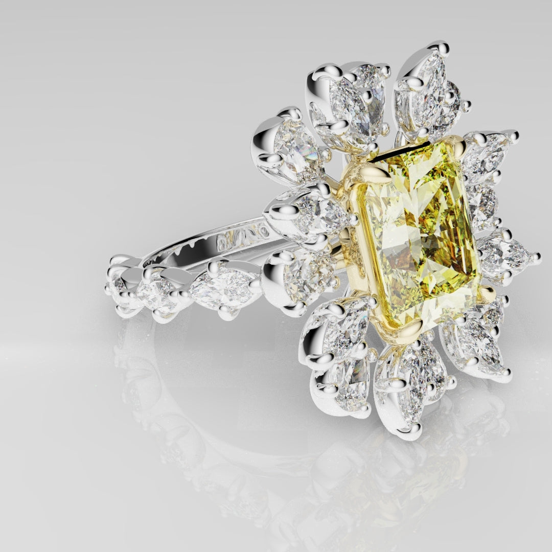 2ct Radiant Cut Fancy Yellow Ring with Pear and Marquise Diamond Cluster