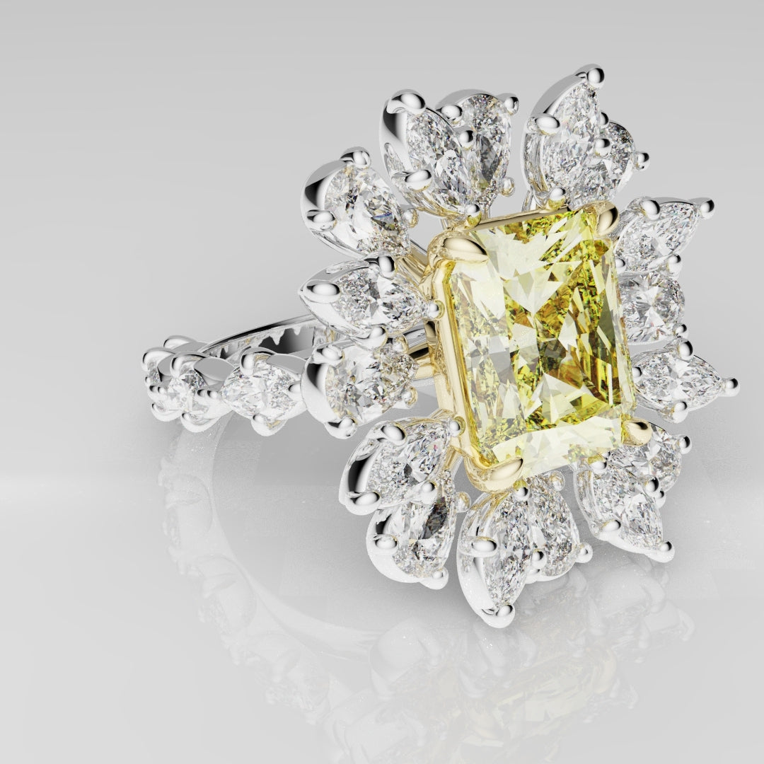 2ct Radiant Cut Fancy Yellow Ring with Pear and Marquise Diamond Cluster