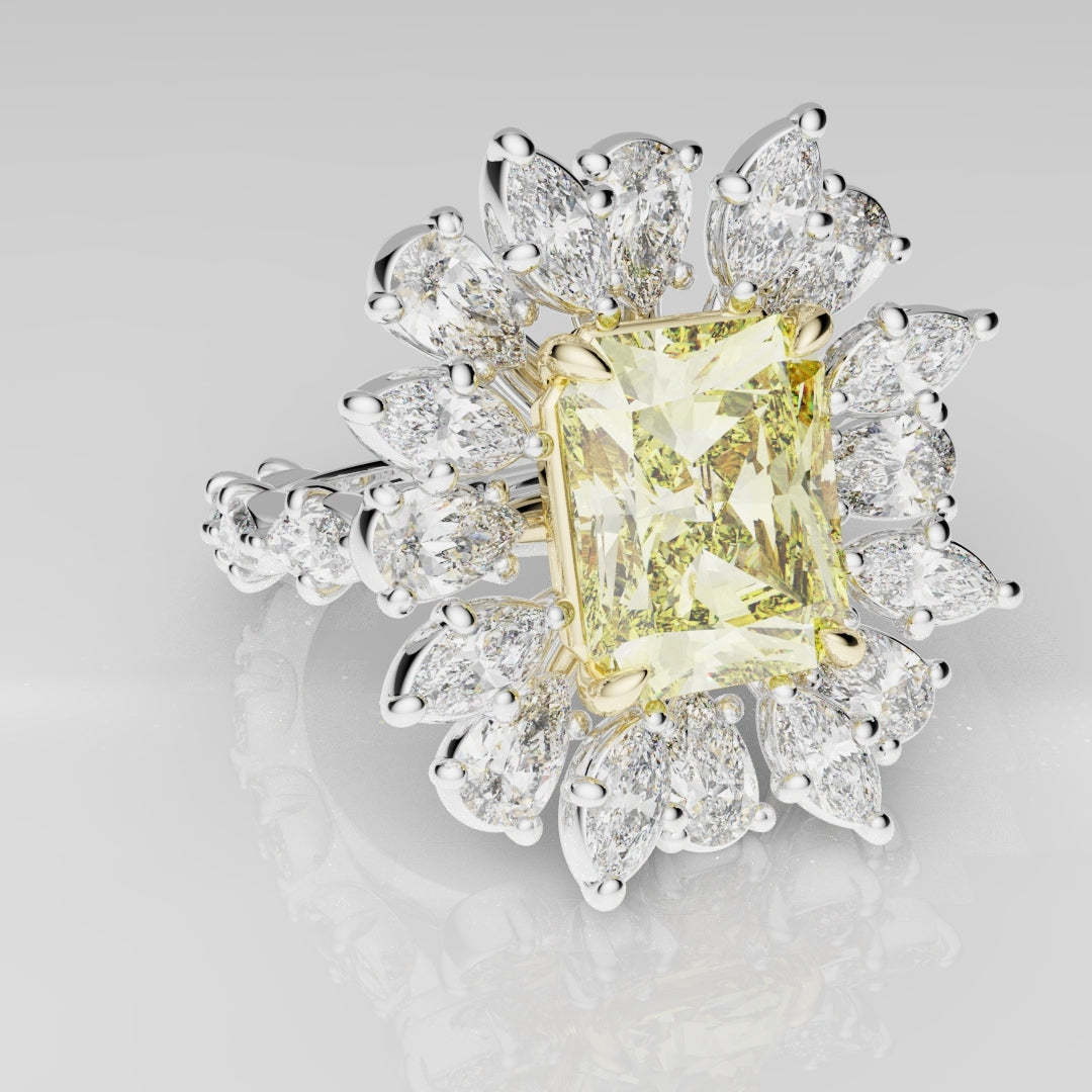 2ct Radiant Cut Fancy Yellow Ring with Pear and Marquise Diamond Cluster