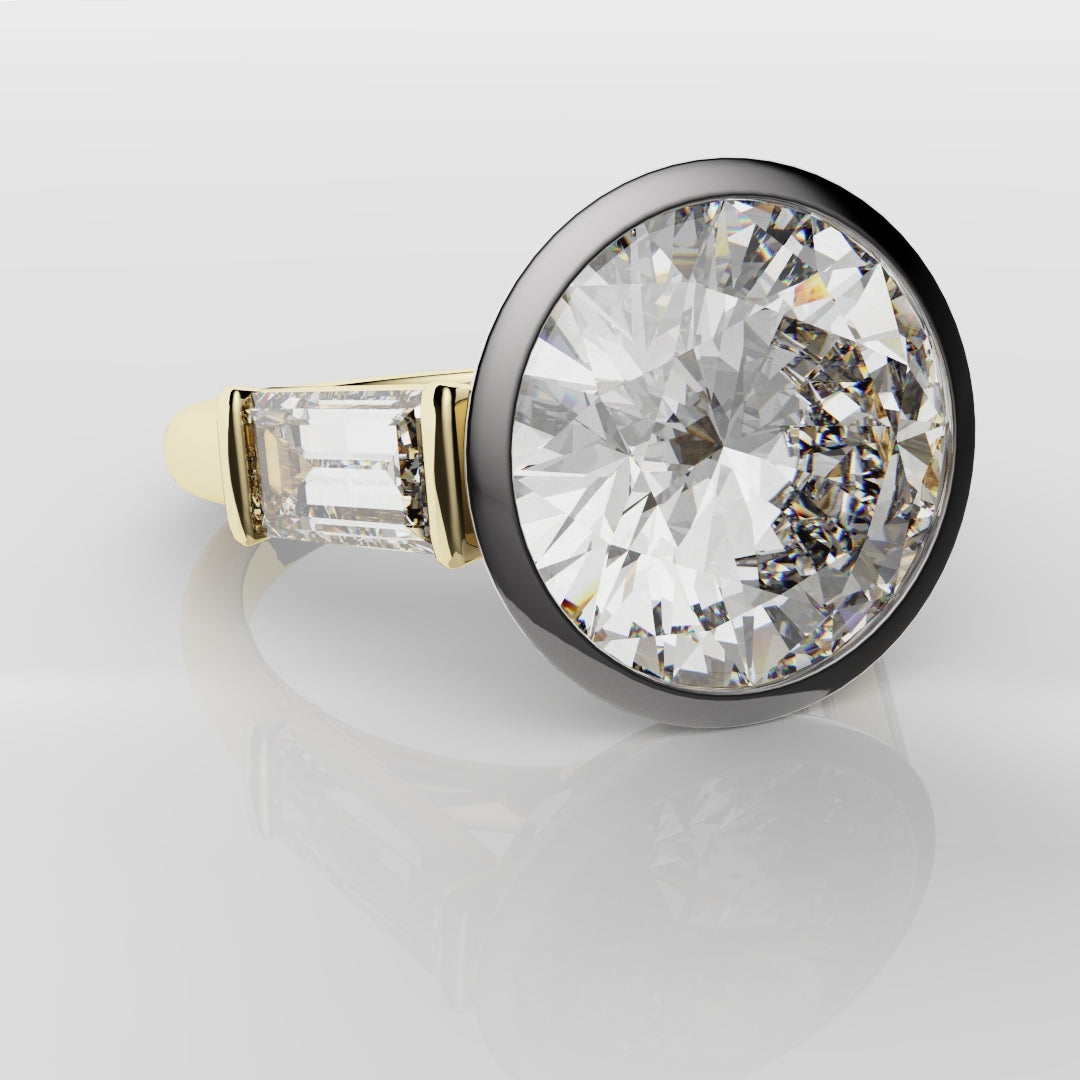 Round and Baguette Diamond Trilogy Rubover Set Engagement Ring