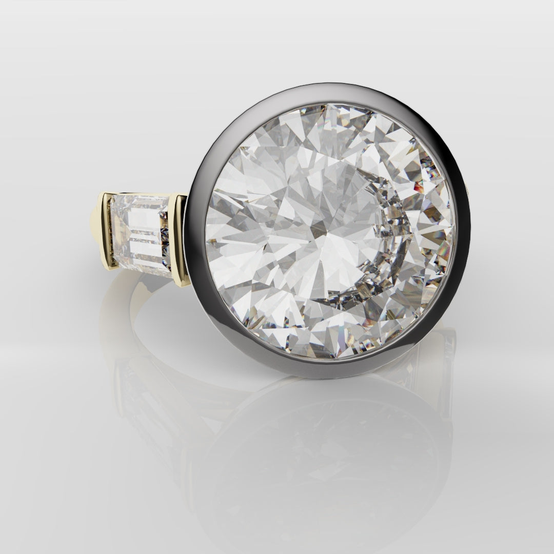 Round and Baguette Diamond Trilogy Rubover Set Engagement Ring