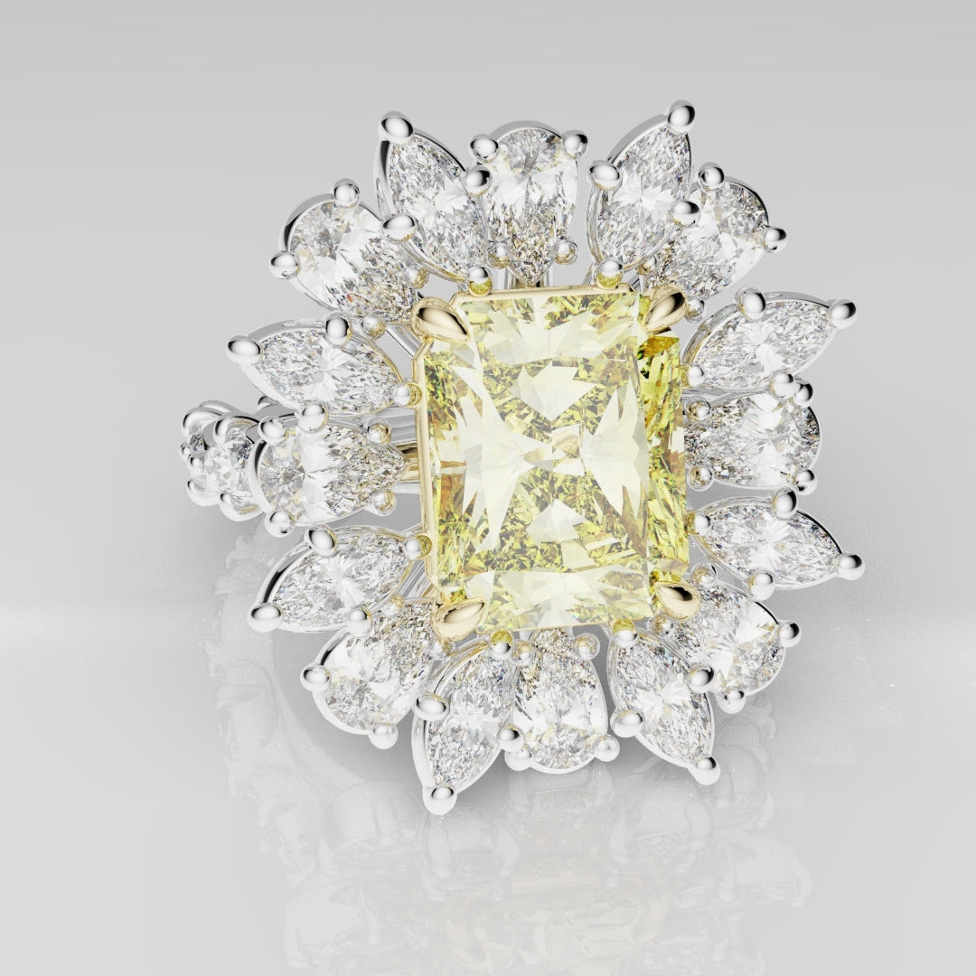 2ct Radiant Cut Fancy Yellow Ring with Pear and Marquise Diamond Cluster