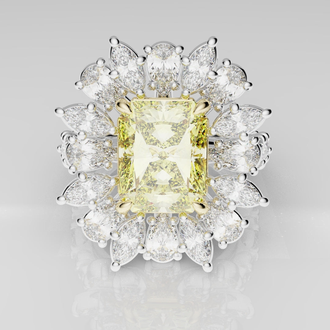 2ct Radiant Cut Fancy Yellow Ring with Pear and Marquise Diamond Cluster