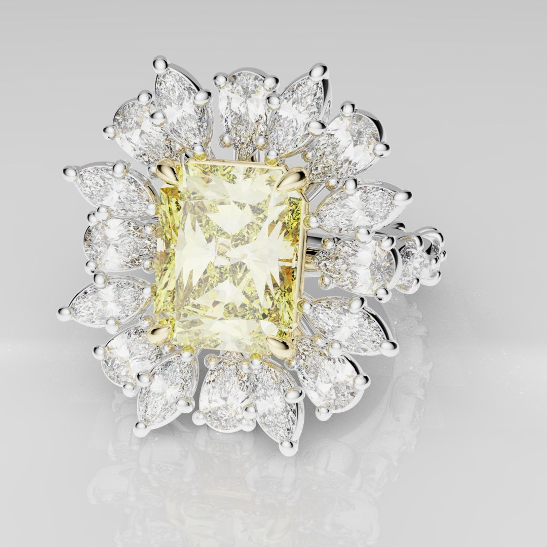 2ct Radiant Cut Fancy Yellow Ring with Pear and Marquise Diamond Cluster