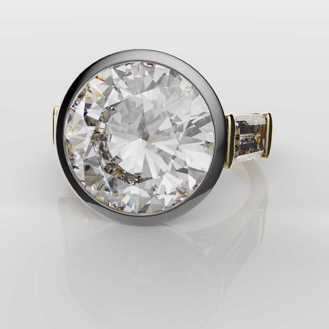 Round and Baguette Diamond Trilogy Rubover Set Engagement Ring