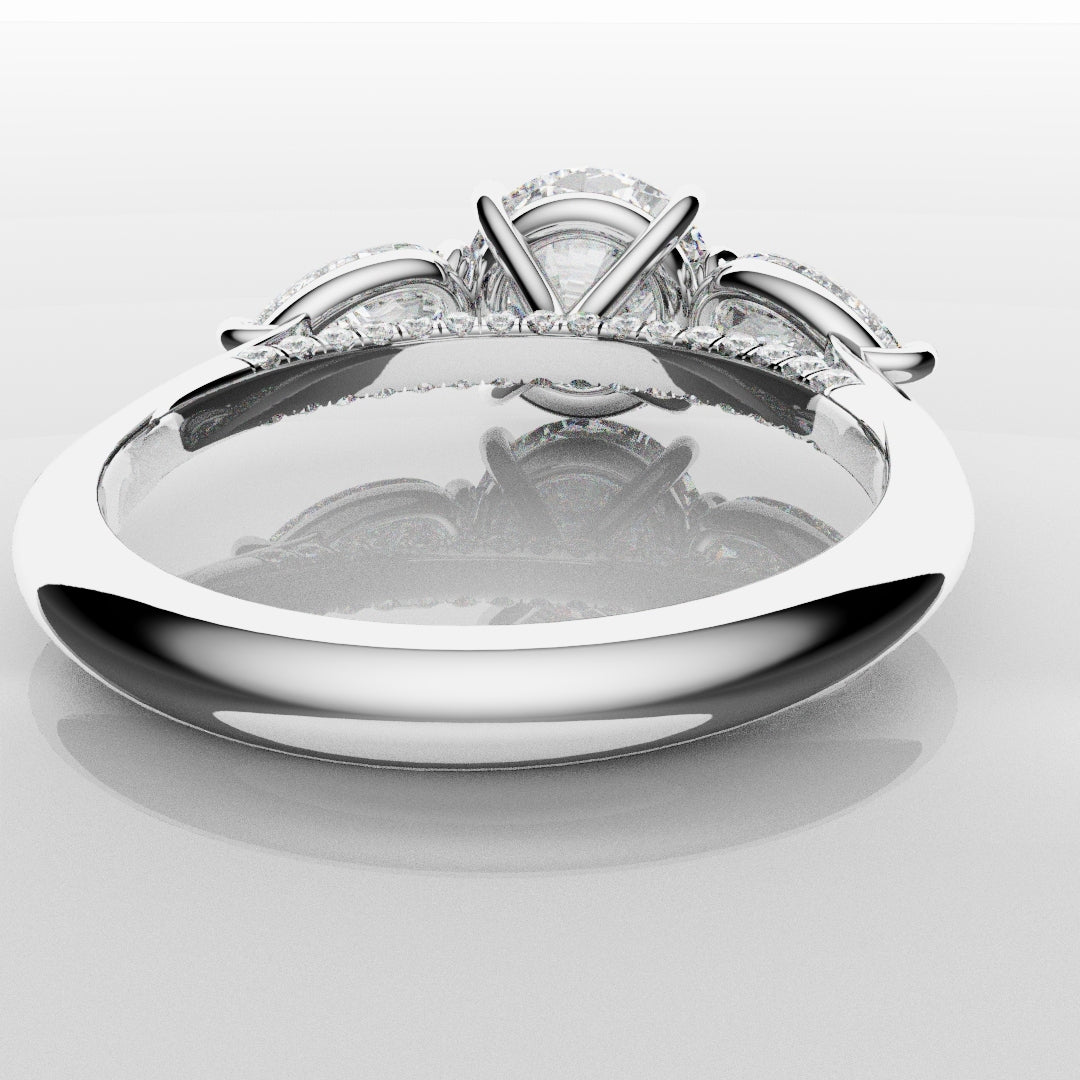 Round and Pear Trilogy Engagement Ring with Diamond Set Cathedral