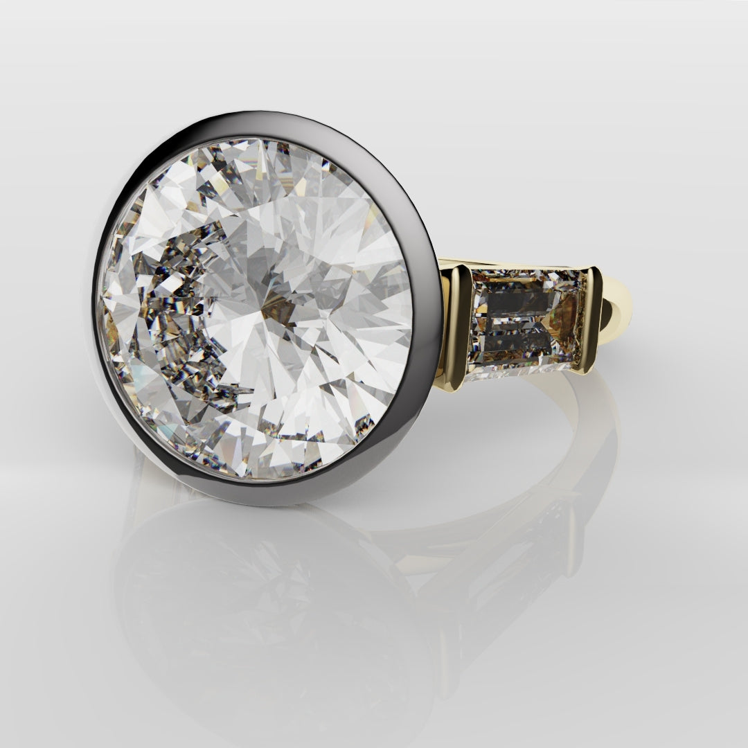 Round and Baguette Diamond Trilogy Rubover Set Engagement Ring