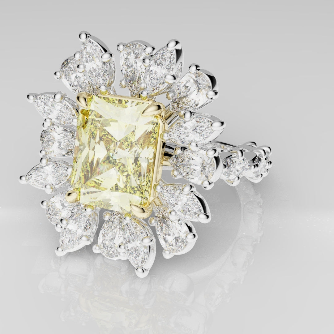 2ct Radiant Cut Fancy Yellow Ring with Pear and Marquise Diamond Cluster
