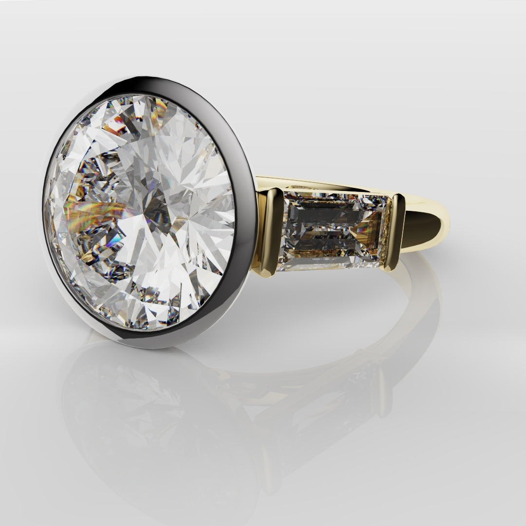 Round and Baguette Diamond Trilogy Rubover Set Engagement Ring