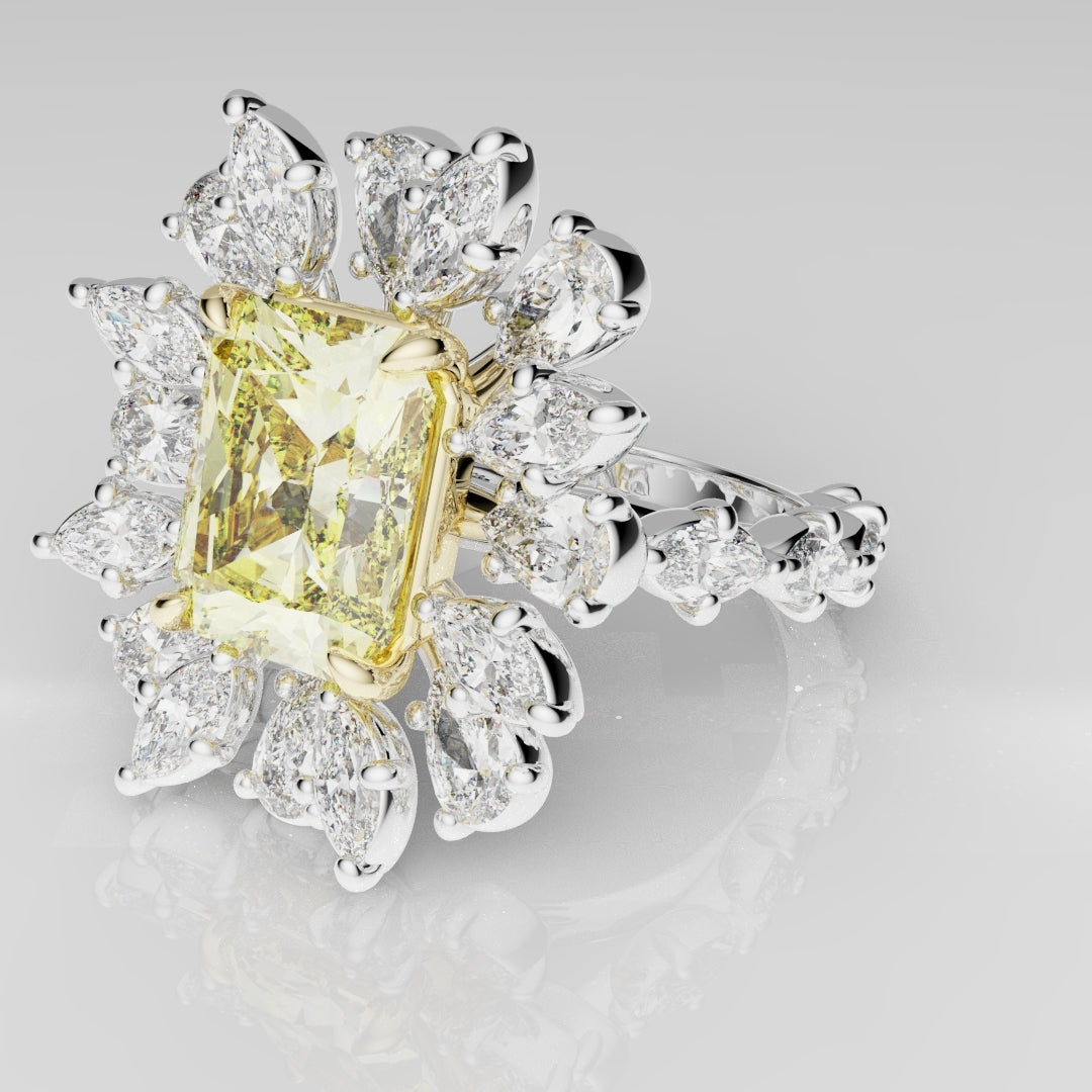 2ct Radiant Cut Fancy Yellow Ring with Pear and Marquise Diamond Cluster