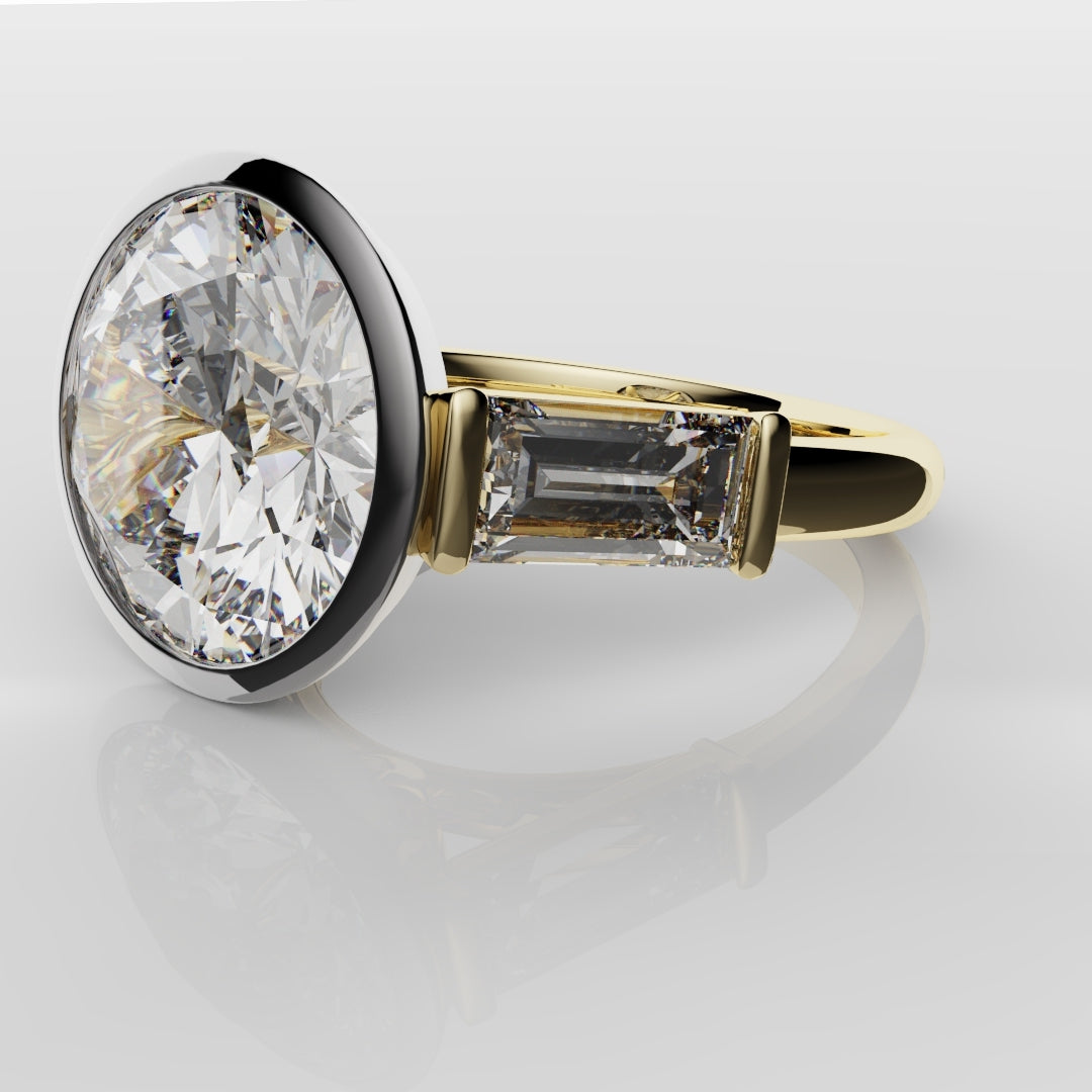 Round and Baguette Diamond Trilogy Rubover Set Engagement Ring