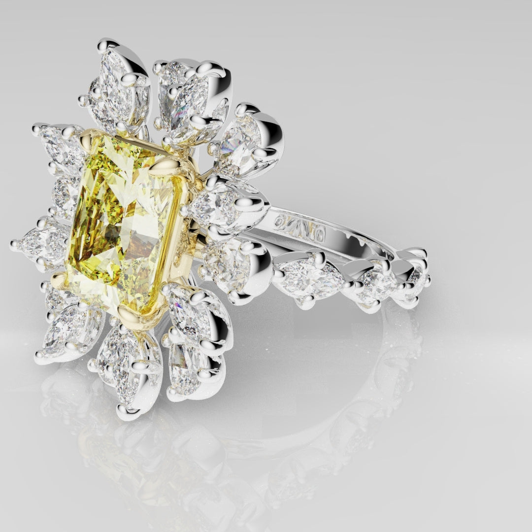 2ct Radiant Cut Fancy Yellow Ring with Pear and Marquise Diamond Cluster