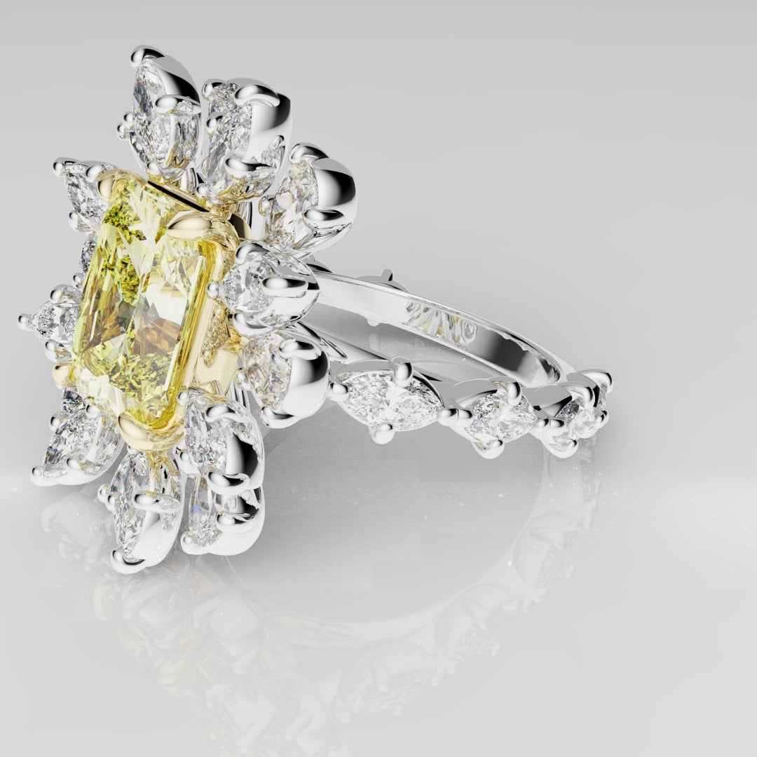 2ct Radiant Cut Fancy Yellow Ring with Pear and Marquise Diamond Cluster