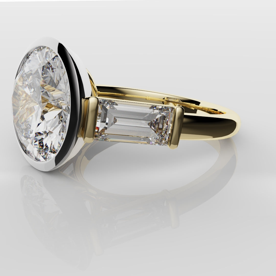 Round and Baguette Diamond Trilogy Rubover Set Engagement Ring