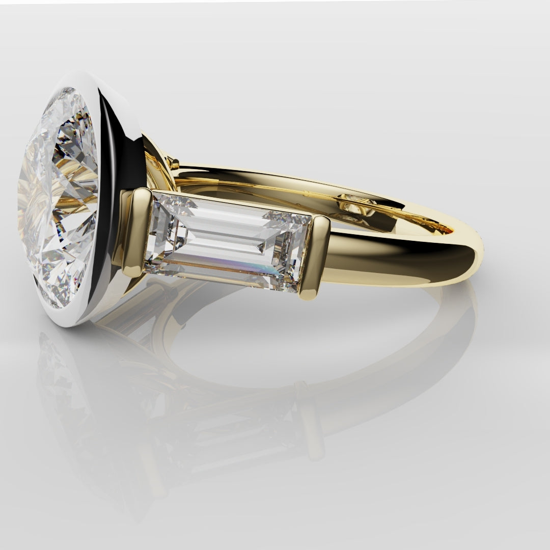 Round and Baguette Diamond Trilogy Rubover Set Engagement Ring