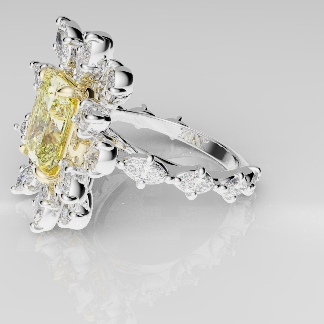 2ct Radiant Cut Fancy Yellow Ring with Pear and Marquise Diamond Cluster