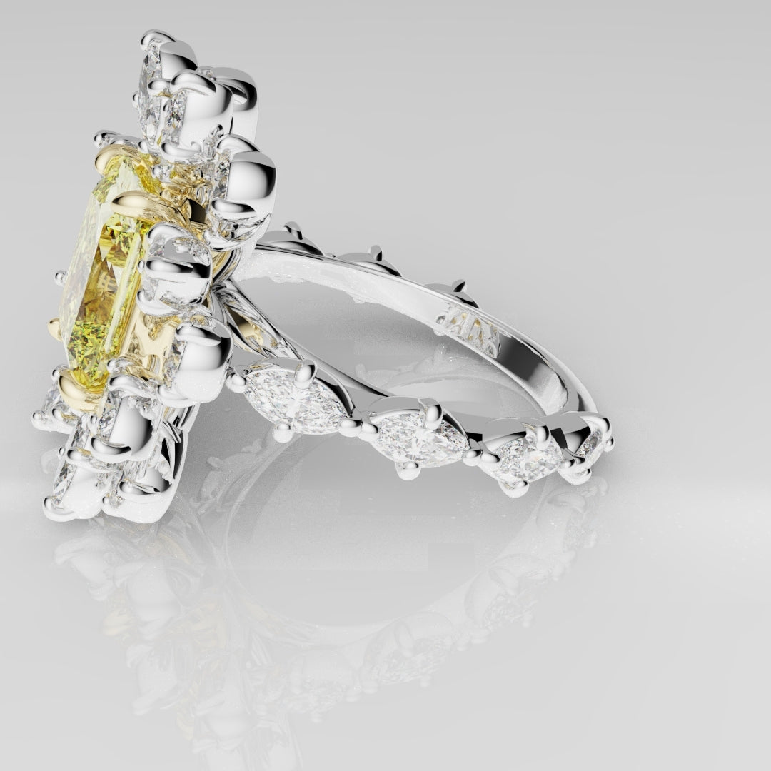 2ct Radiant Cut Fancy Yellow Ring with Pear and Marquise Diamond Cluster