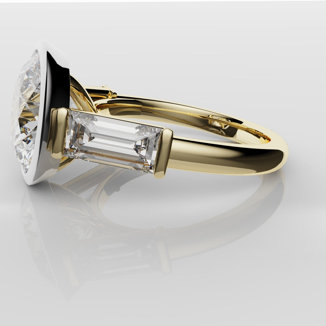 Round and Baguette Diamond Trilogy Rubover Set Engagement Ring
