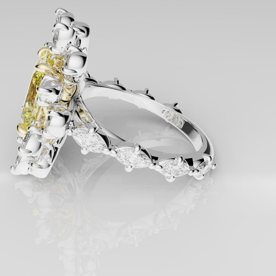 2ct Radiant Cut Fancy Yellow Ring with Pear and Marquise Diamond Cluster