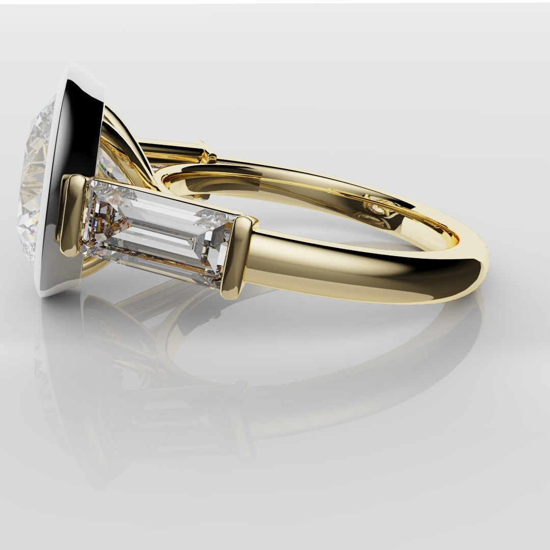 Round and Baguette Diamond Trilogy Rubover Set Engagement Ring