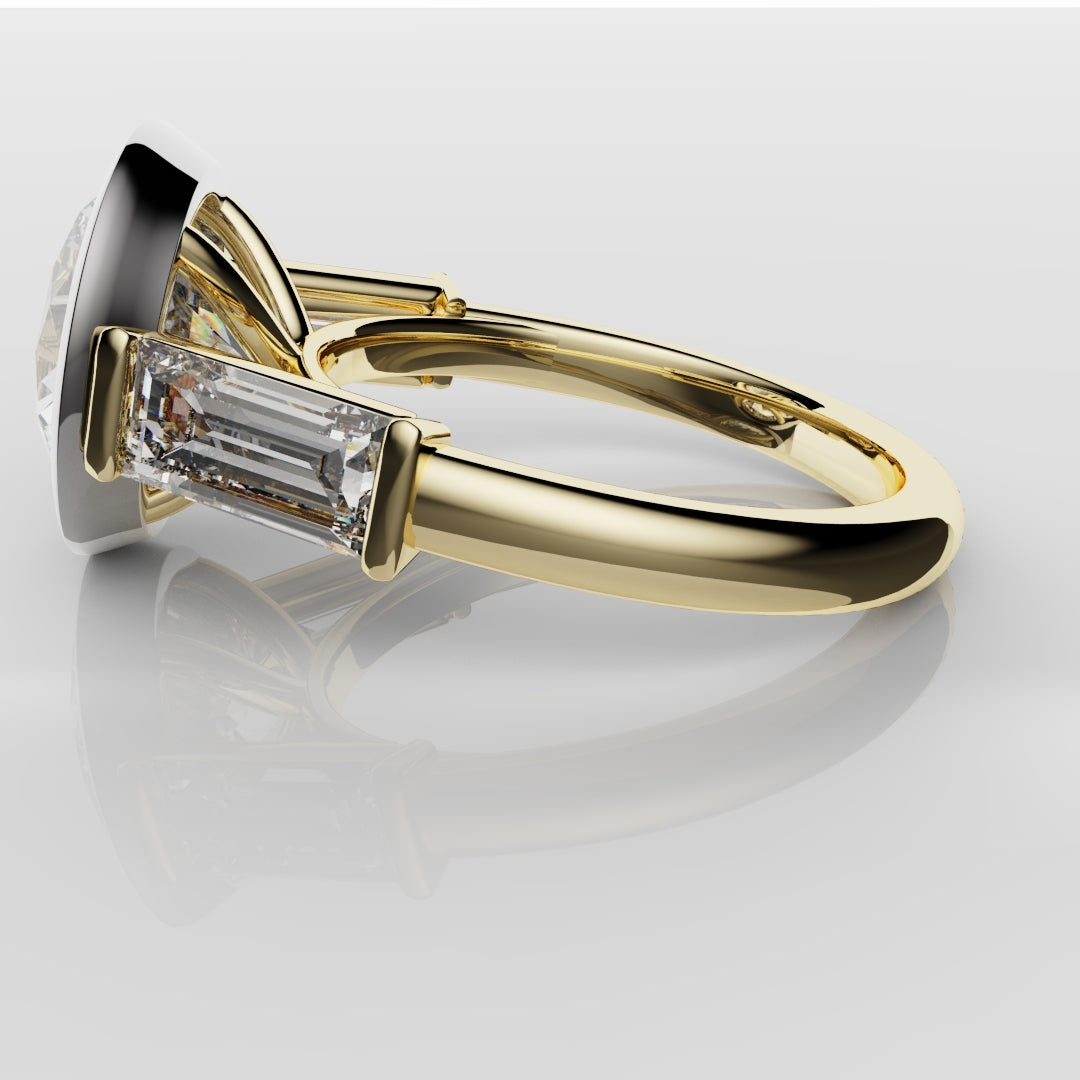 Round and Baguette Diamond Trilogy Rubover Set Engagement Ring