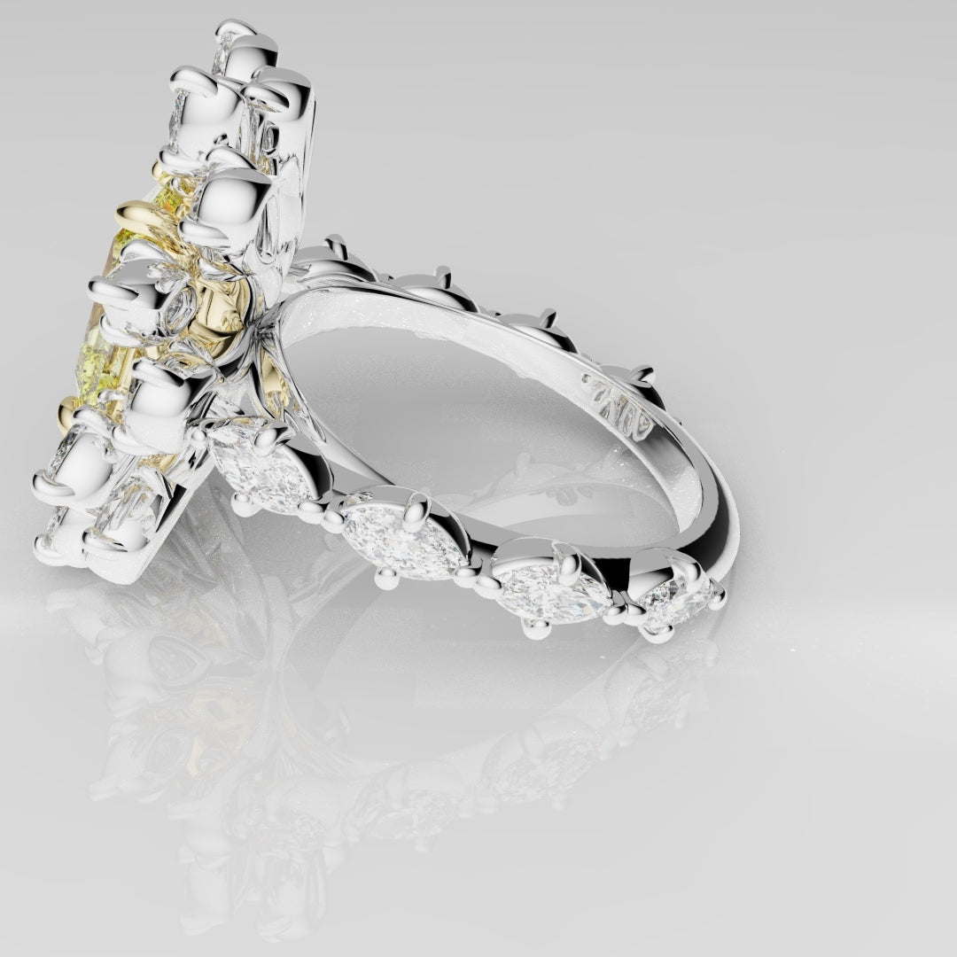 2ct Radiant Cut Fancy Yellow Ring with Pear and Marquise Diamond Cluster