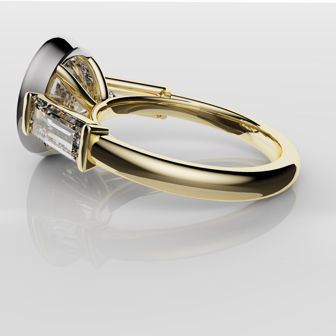 Round and Baguette Diamond Trilogy Rubover Set Engagement Ring