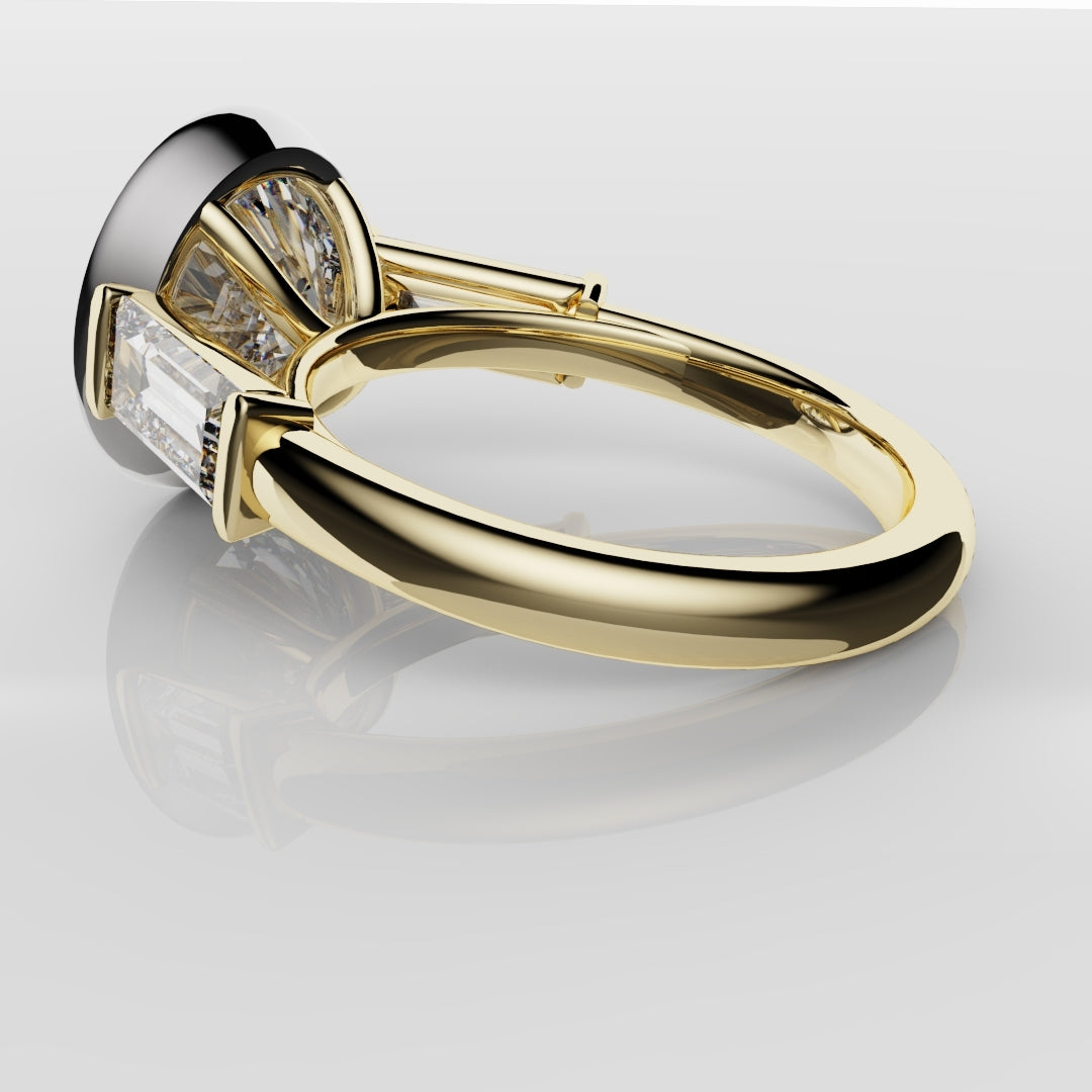 Round and Baguette Diamond Trilogy Rubover Set Engagement Ring