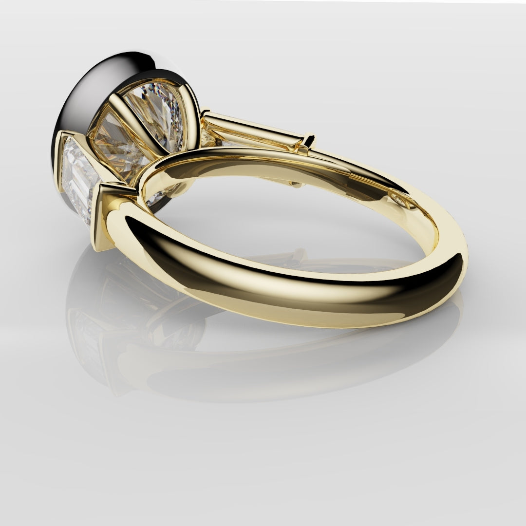 Round and Baguette Diamond Trilogy Rubover Set Engagement Ring