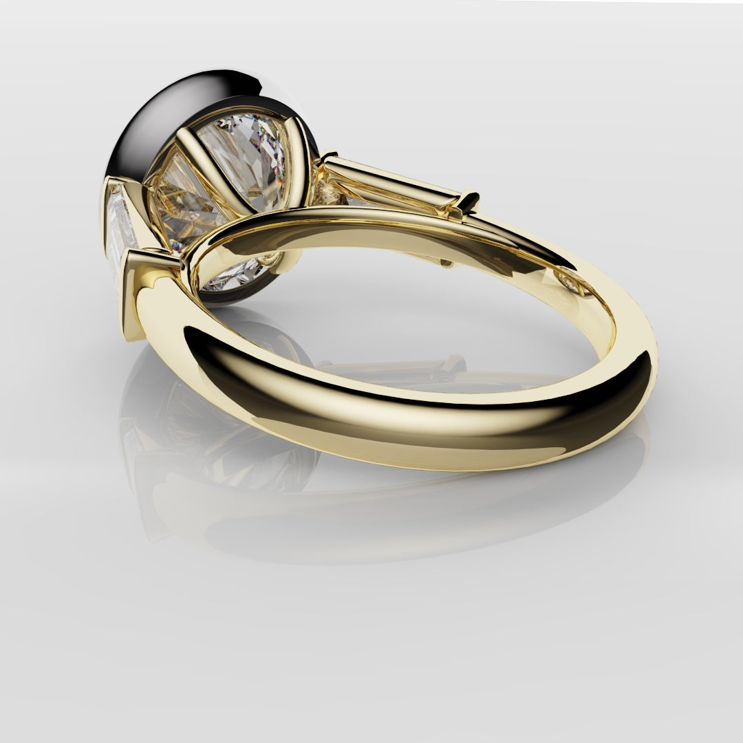 Round and Baguette Diamond Trilogy Rubover Set Engagement Ring