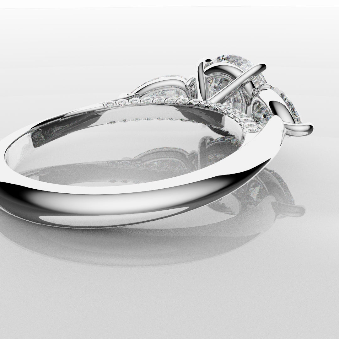 Round and Pear Trilogy Engagement Ring with Diamond Set Cathedral