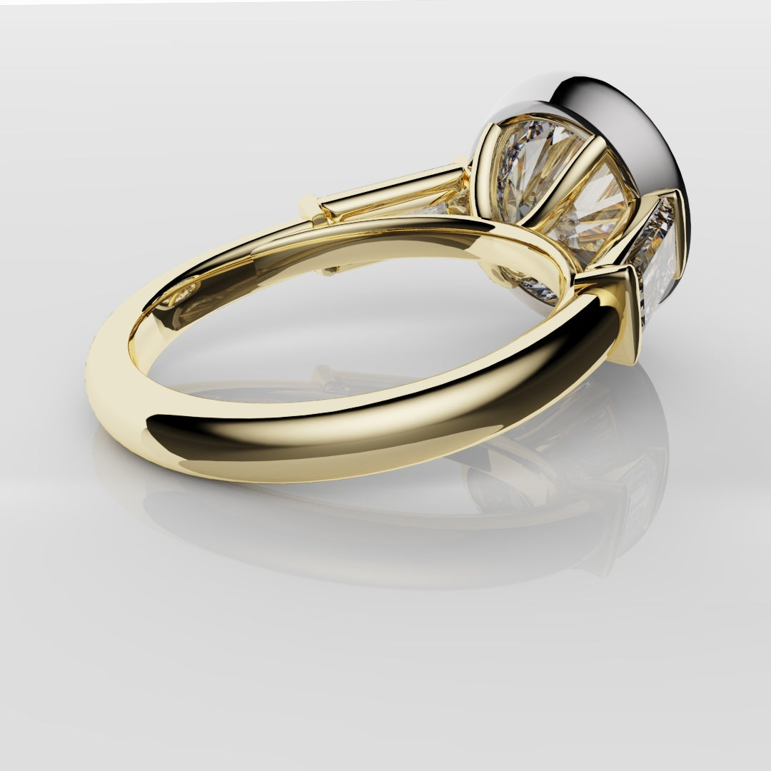 Round and Baguette Diamond Trilogy Rubover Set Engagement Ring