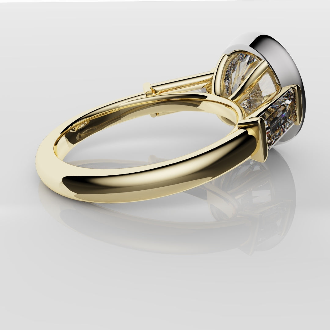 Round and Baguette Diamond Trilogy Rubover Set Engagement Ring