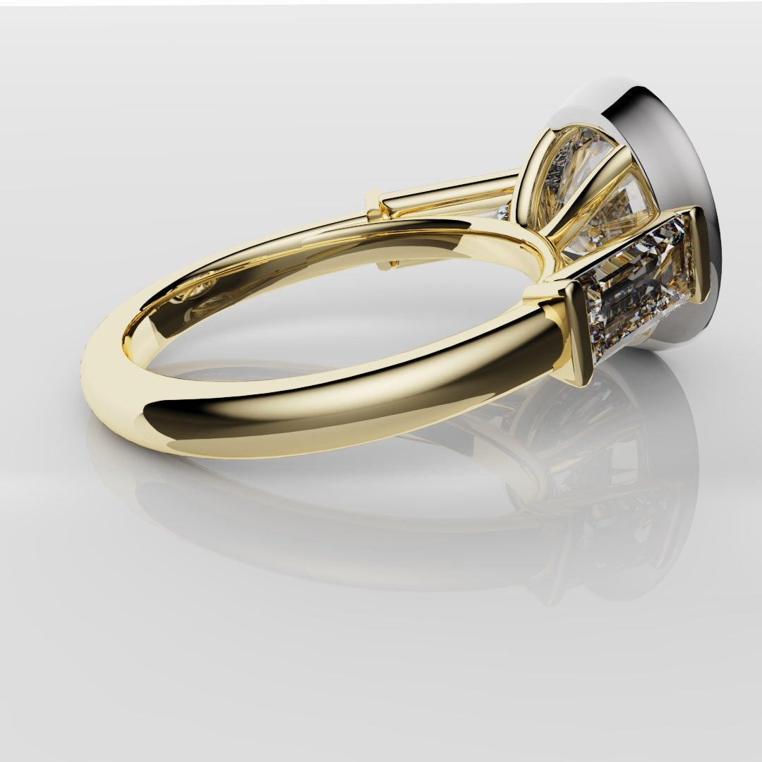 Round and Baguette Diamond Trilogy Rubover Set Engagement Ring