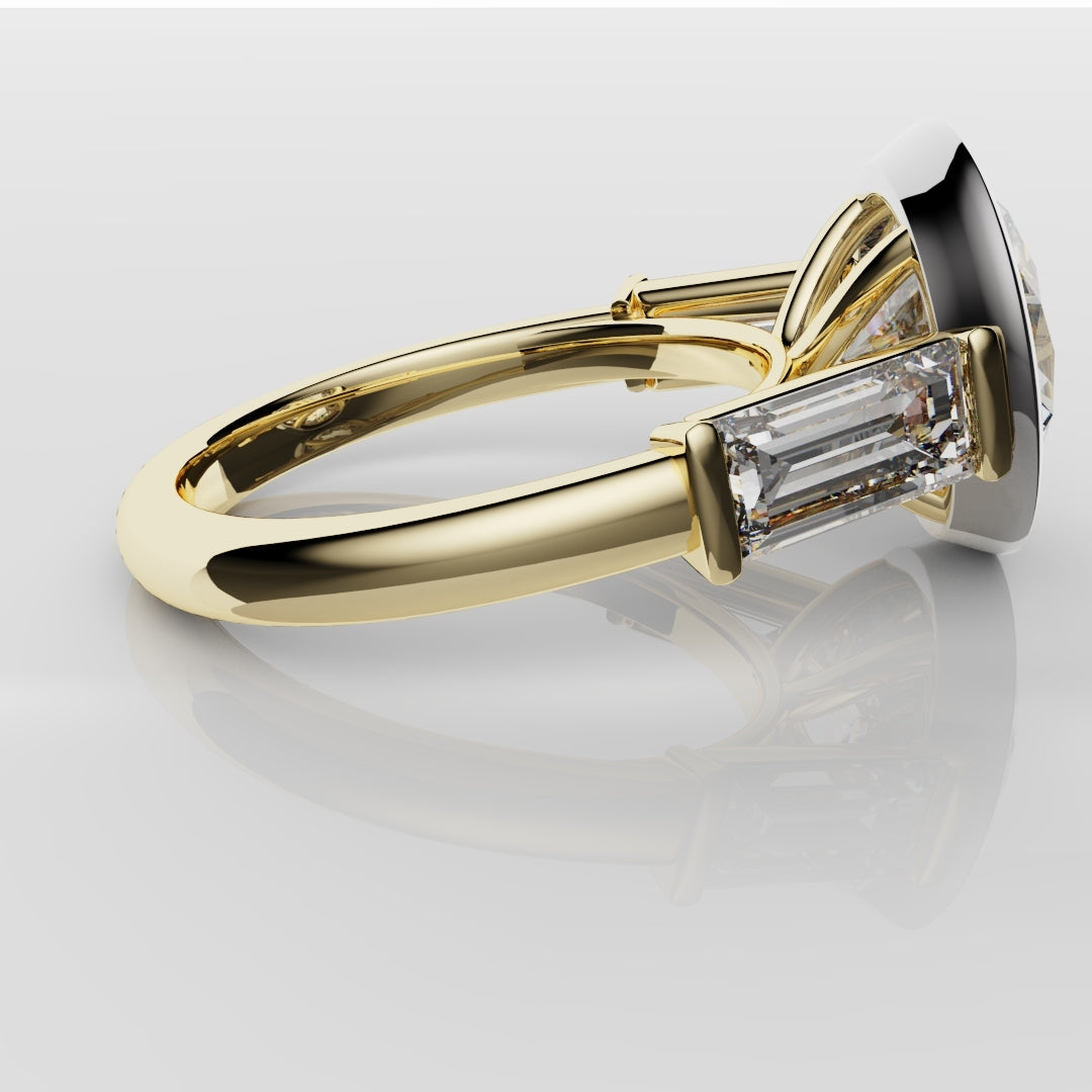 Round and Baguette Diamond Trilogy Rubover Set Engagement Ring