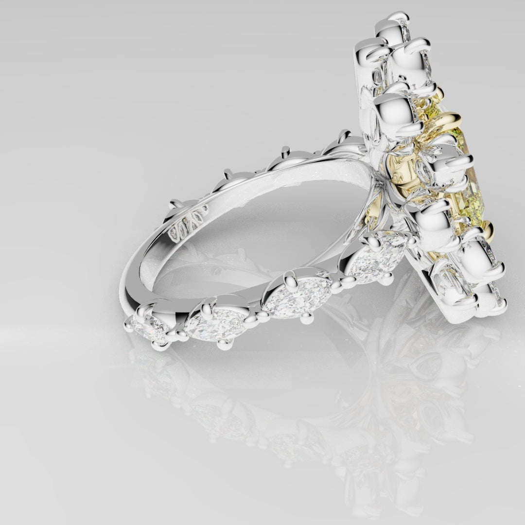 2ct Radiant Cut Fancy Yellow Ring with Pear and Marquise Diamond Cluster