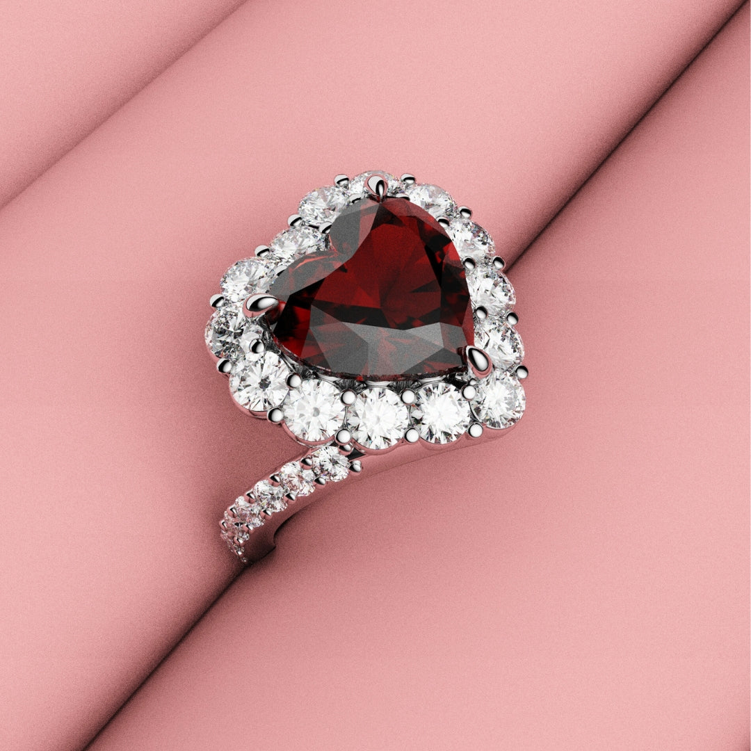 heart shaped ruby and diamond cluster engagement ring