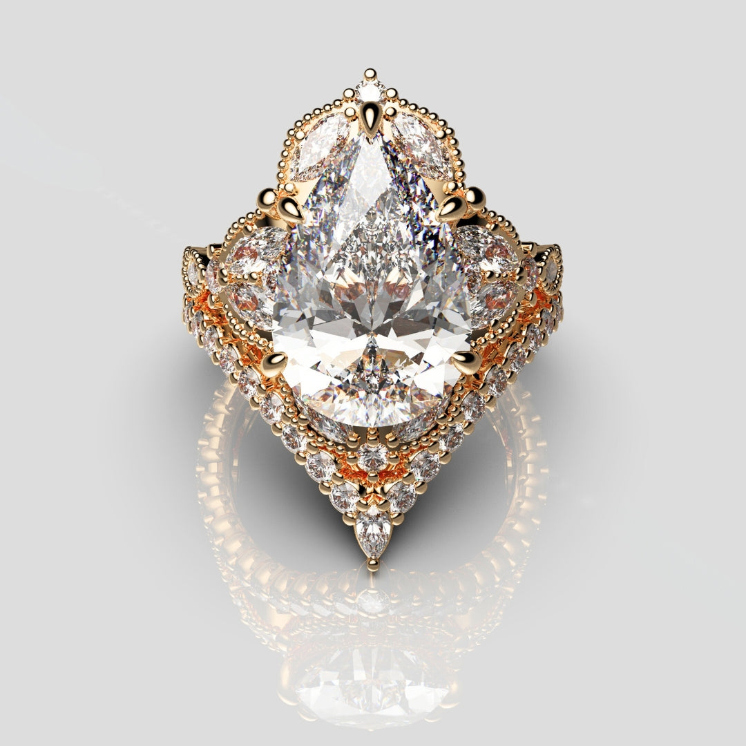 4.5ct pear shaped diamond in an ornate 18ct rose gold setting