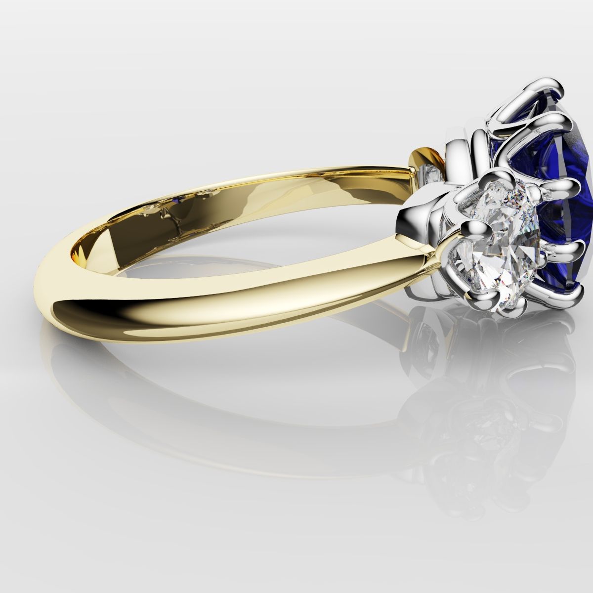 2.4ct Ceylon Blue Sapphire and Cushion Cut Diamond Trilogy Engagement Ring