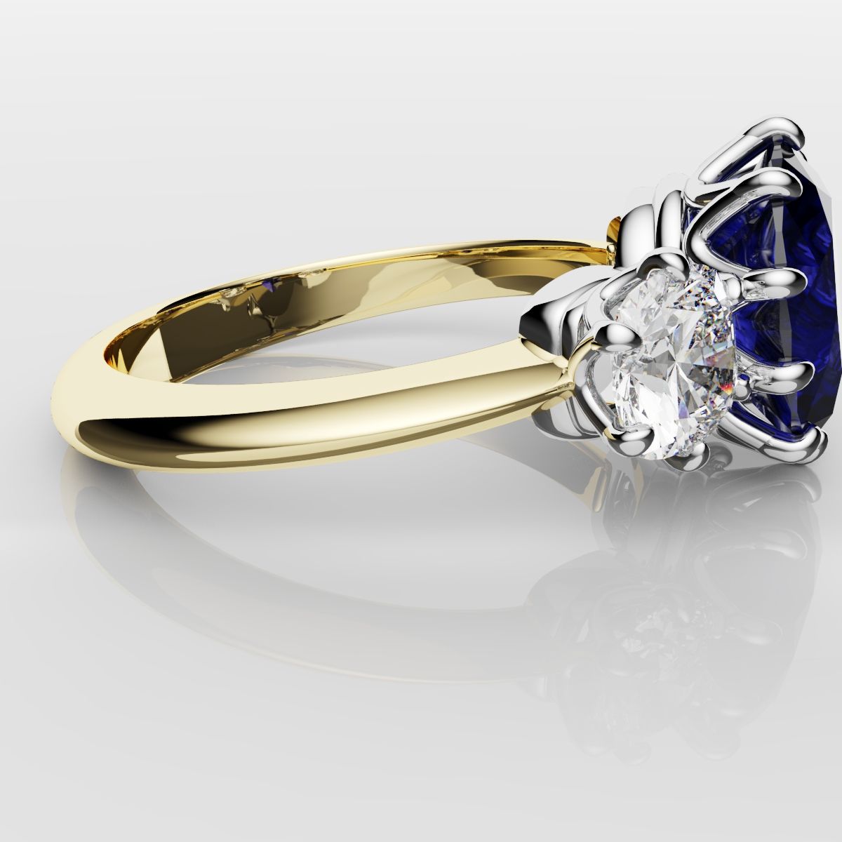 2.4ct Ceylon Blue Sapphire and Cushion Cut Diamond Trilogy Engagement Ring